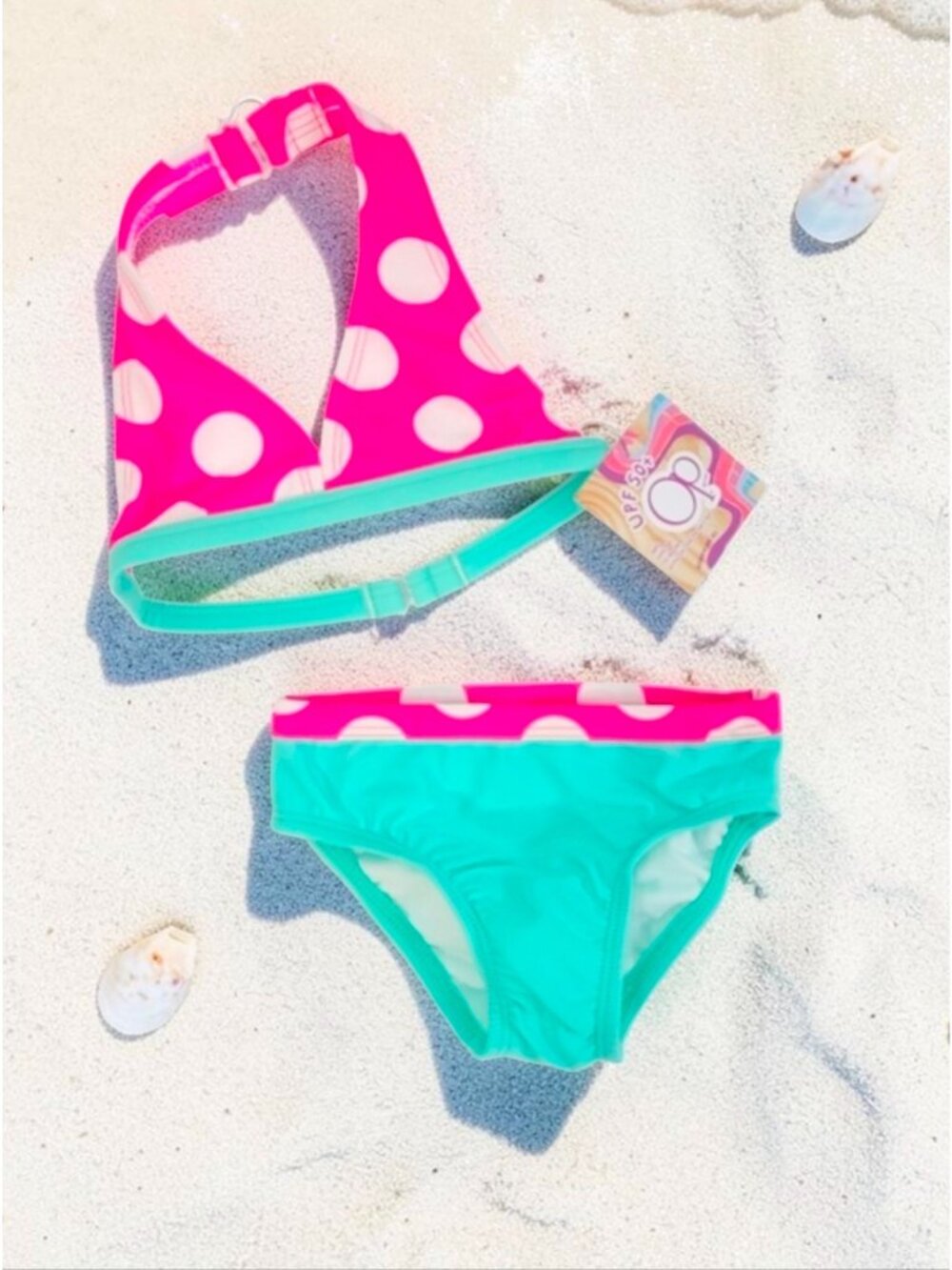 Polka Dot Halter Bikini Set Pink & Aqua Girls Swimwear UPF 50+ Protection